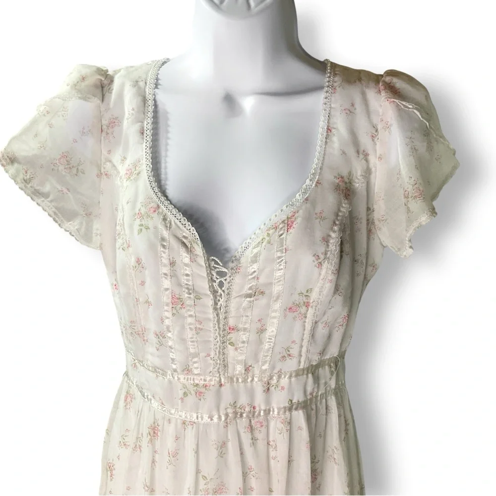 Gunne Sax Jessica Vintage Dress M Floral Chiffon Maxi Flutter Sleeve Cottagecore - Picture 3 of 15
